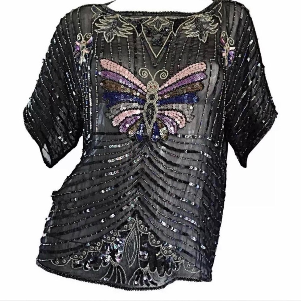JEANETTE KASTENBERG for ST MARTIN black silk beaded and sequin butterfly top